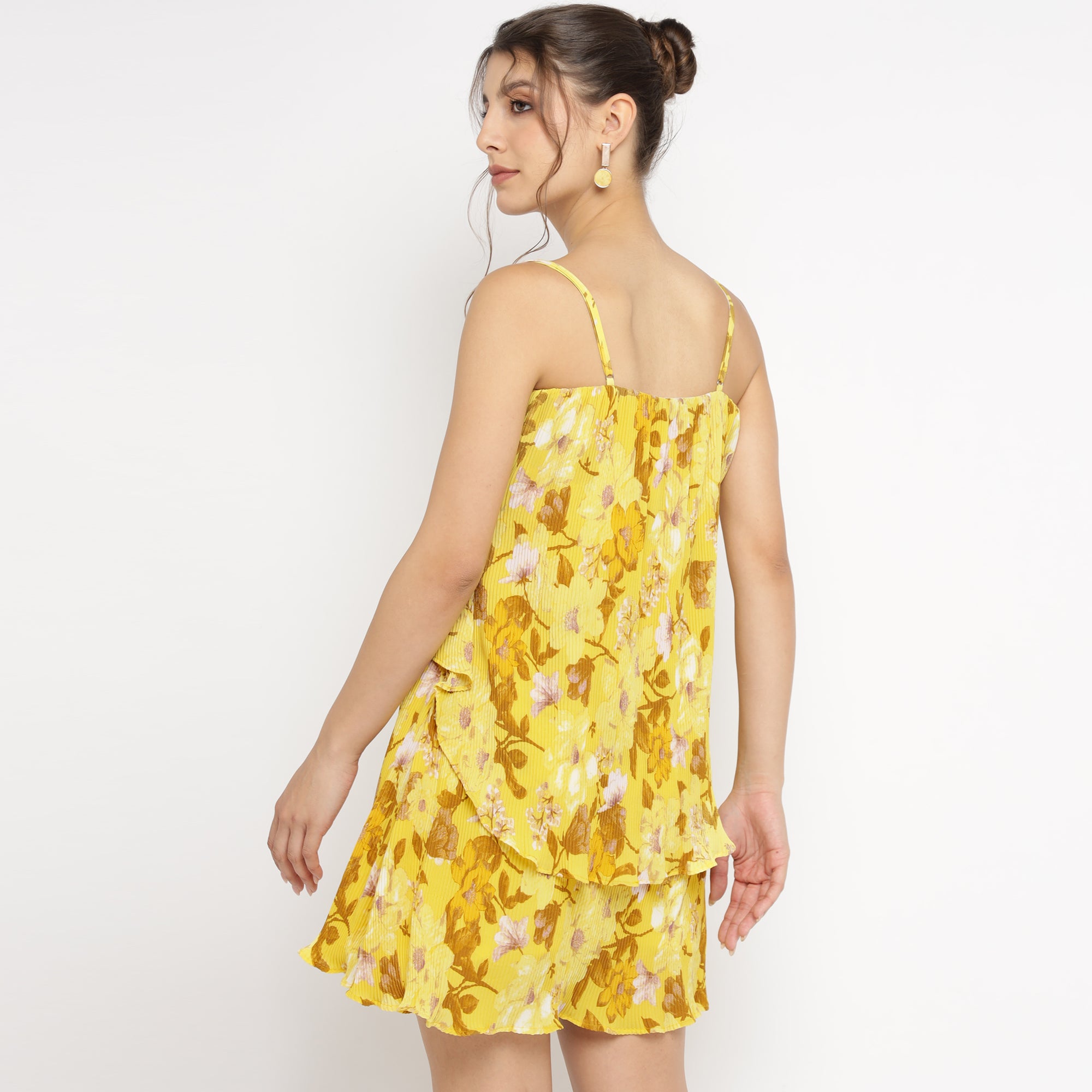 Mustard Yellow Layered Mini Dress with Tropical Bloom Print